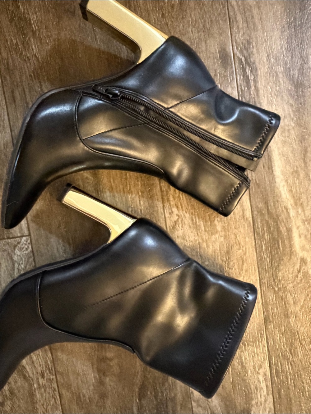 A New Day Black Leather Ankle Booties with Gold Block Heel